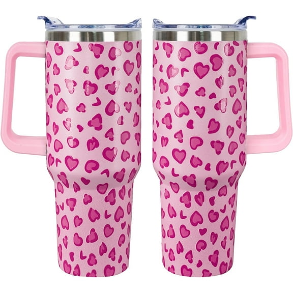 40oz Valentines Day Tumbler - 3D-Printed Pink Hearts Insulated Travel Mug with Handle, Lid & Straw - Gift for Couples (Women/Men)