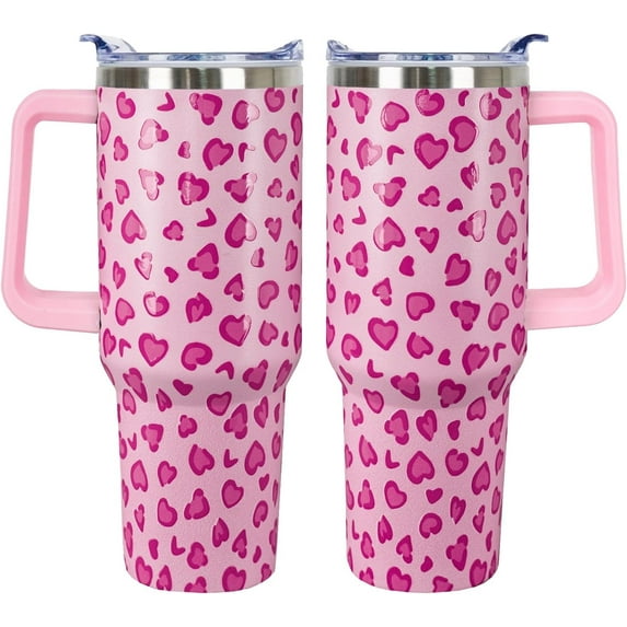 40oz Valentines Day Tumbler - 3D-Printed Pink Hearts Insulated Travel Mug with Handle, Lid & Straw - Gift for Couples (Women/Men)