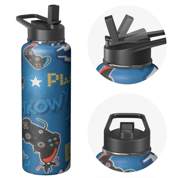 40oz Video Game Water Bottle – Bright Retro Gaming Console Stainless Steel Tumbler, Insulated, BPA-Free, Leakproof Straw Lid, Suitable for Work, School or Gift for Gamers