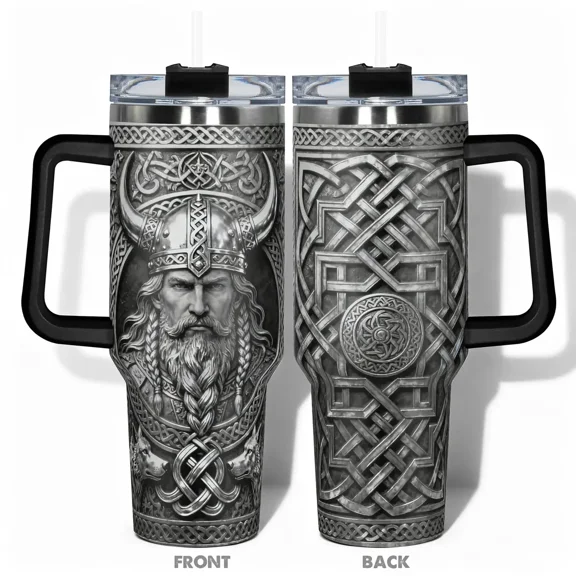 40oz Viking Warrior And Wolves Intricate Celtic Knotwork Tumbler, Stainless Steel Vacuum Insulated Travel Cup