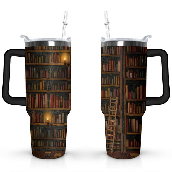 40oz Vintage Books Shelf Stainless Steel Flip Straw Tumbler Spill Proof Travel Cup Double Wall Vacuum Insulated Coffee Mug with Handle