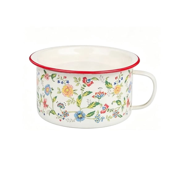40oz Vintage Floral Enamel Soup Mug with Lid, Lightweight Camping Noodle Bowl, Red Trim Serving Mug for Indoor & Outdoor