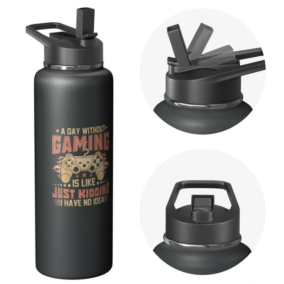 40oz Water Bottle – Black and Gaming Controller Design Stainless Steel Tumbler, Insulated, BPA-Free, Leakproof Straw Lid, Perfect for Gamers, Work, or Gift for Video Game Lovers