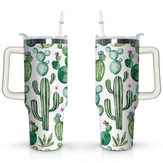 40oz Watercolor Cactus Succulents Stainless Steel Flip Straw Tumbler Spill Proof Travel Cup Double Wall Vacuum Insulated Coffee Mug with Top Handle