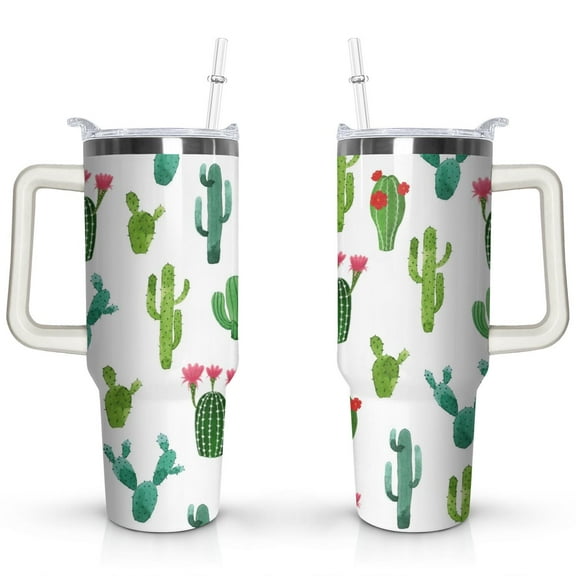 40oz Watercolor Cactus Succulents Stainless Steel Flip Straw Tumbler Spill Proof Travel Cup Double Wall Vacuum Insulated Coffee Mug with Top Handle