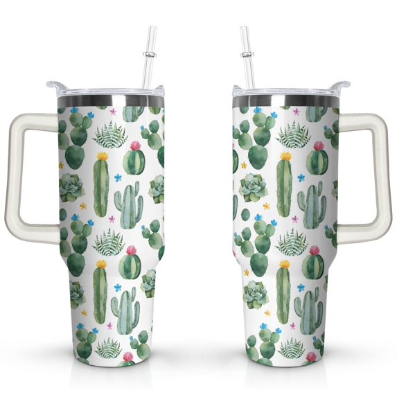 40oz Watercolor Cactus Succulents Stainless Steel Flip Straw Tumbler Spill Proof Travel Cup Double Wall Vacuum Insulated Coffee Mug with Top Handle
