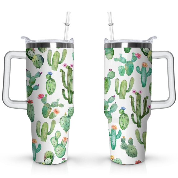 40oz Watercolor Cactus Succulents Stainless Steel Flip Straw Tumbler Spill Proof Travel Cup Double Wall Vacuum Insulated Coffee Mug with Top Handle