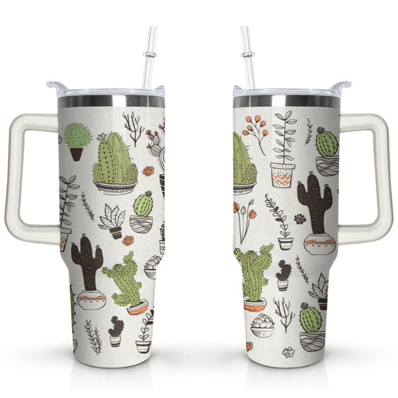40oz Watercolor Cactus Succulents Stainless Steel Flip Straw Tumbler Spill Proof Travel Cup Double Wall Vacuum Insulated Coffee Mug with Top Handle
