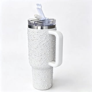 40oz White Rhinestone Tumbler with Handle & Straw, Vacuum Insulated Stainless Steel Water Bottle, Leakproof Travel Mug for Women Gym Office Outdoor