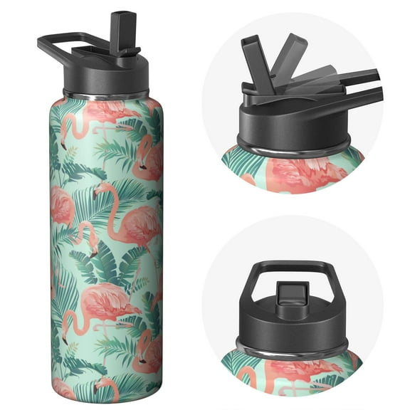 40oz Wide Mouth Stainless Steel Flask Flamingo Themed Inspired with Handle Lid Insulated Leak Proof Keeps Cold 24 Hours