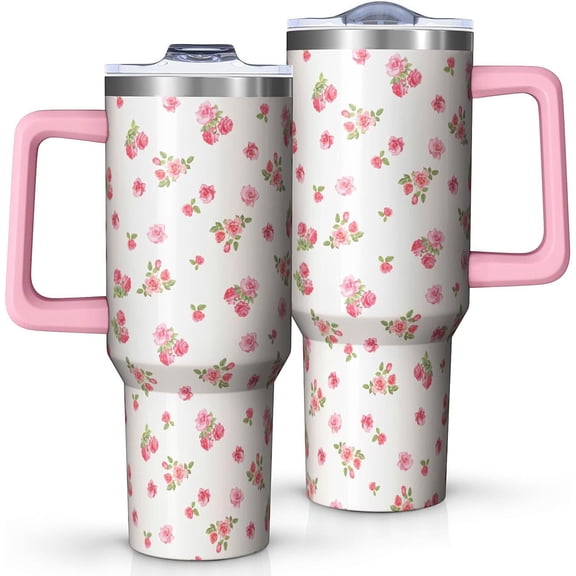 40oz Wildrose Tumbler with Handle and Straw,Thanksgiving Christmas Birthday Gift for Women Girls and Rose Lovers,Stainless Steel Cup Spill-Proof,Travel Coffee Mug Water Bottle