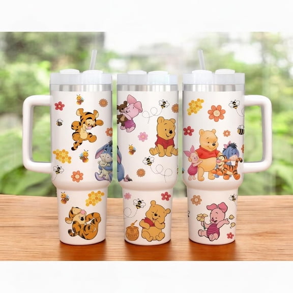 40oz Winnie the Pooh Tumbler with Handle - Cute Pooh Tigger Piglet Eeyore Friends Collage Cup, Floral Honey Bee Insulated Travel Mug, Sweet Gift for Her