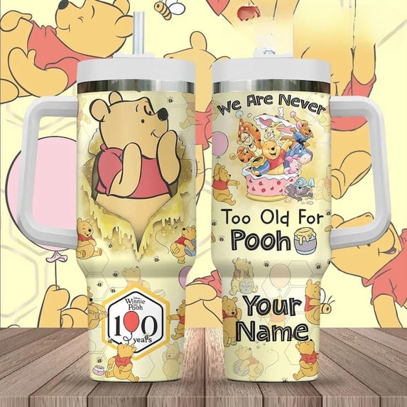 40oz Winnie the Pooh Tumbler with Handle | Stainless Steel Insulated Cup with Straw | 100 Years Celebration Design | We Are Never Too Old For Pooh | Cute Pooh Bear Gift