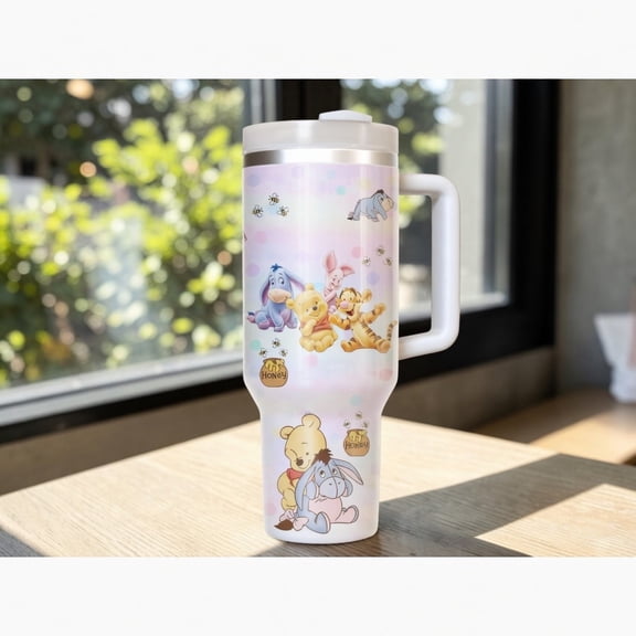 40oz Winnie the Pooh Tumbler with Handle - Pastel Pooh Eeyore Tigger Piglet Friends Cup, Dreamy Honey Bee Insulated Travel Tumbler