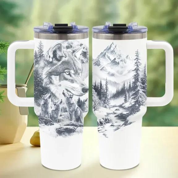40oz Wolf And Snowy Mountain Tumbler, Stainless Steel Vacuum Insulated Travel Cup, with Handle, Lid and Straw, Gift for Wolf Lovers