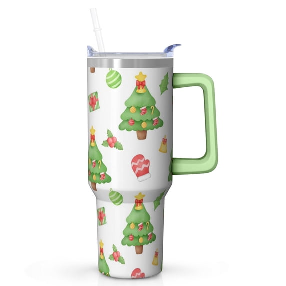 40oz Xmas Tumbler with Handle and Straw, Classic Red and Green Plaid Stainless Steel Insulated Cup Holiday Gift