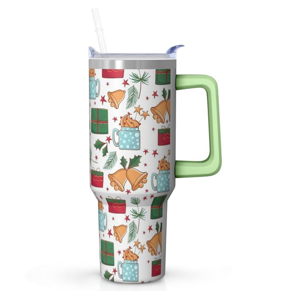 40oz Xmas Tumbler with Handle and Straw, Cute Christmas Tree Stainless Steel Insulated Cup Holiday Gift
