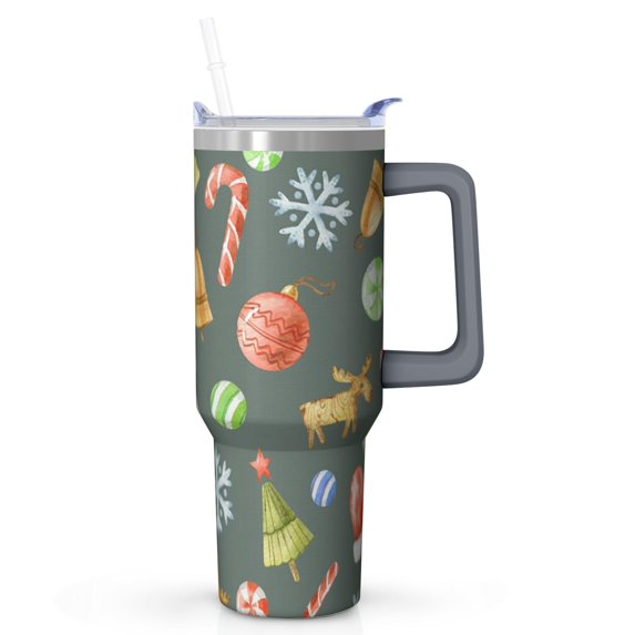 40oz Xmas Tumbler with Snowflakes and Reindeer Lid Straw Stainless Steel Insulated Cup Holiday Coffee Water Bottle