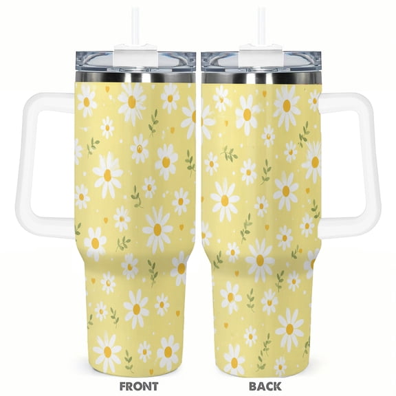 40oz Yellow Daisy Floral Tumbler with Handle and Straw Insulated Travel Coffee Cup Gift