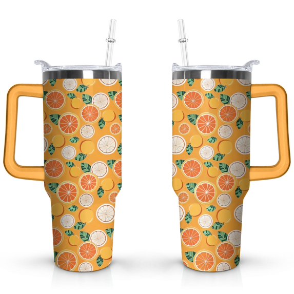 40oz Yellow Lemon Pattern Stainless Steel Flip Straw Tumbler Spill Proof Travel Cup Double Wall Vacuum Insulated Coffee Mug with Top Handle