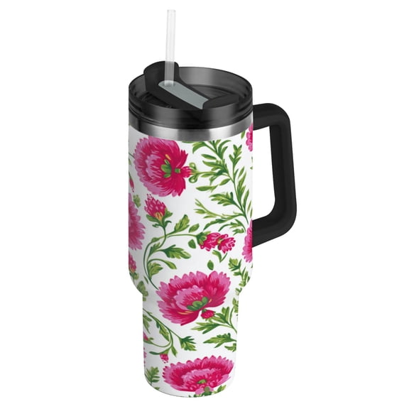 40oz insulated car cup with handle and straw suitable for all ages Stainless steel vacuum insulated cup. Lush Pink Peonies