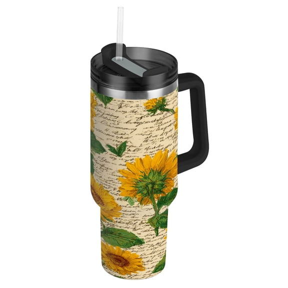 40oz insulated car cup with handle and straw suitable for all ages Stainless steel vacuum insulated cup. Retro-chic Sunflowers