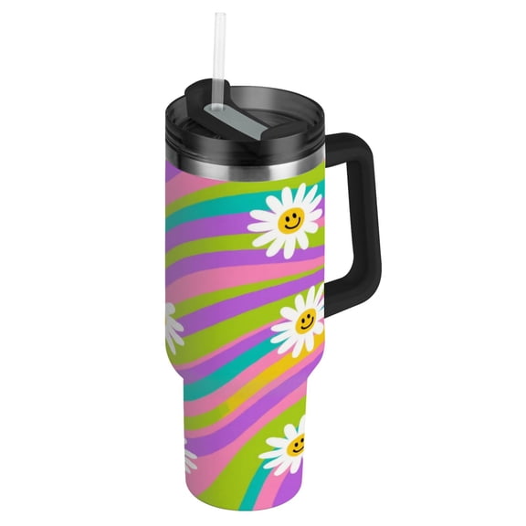 40oz insulated car cup with handle and straw suitable for all ages Stainless steel vacuum insulated cup. Smiling Daisy on Multicolor Background
