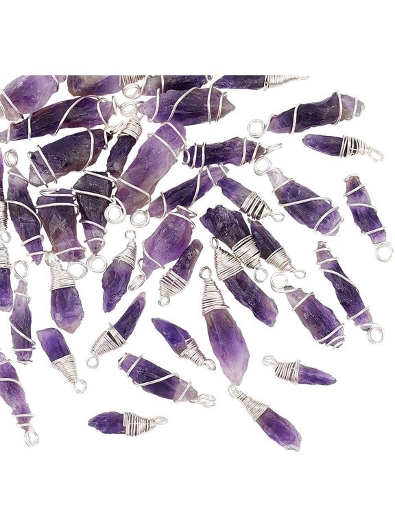 40pc 2-Style Natural Amethyst Pendants - Irregular Stone Amulets Gemstone Rough - Copper Wire Wrapped Stone Charms for Jewelry Making for DIY