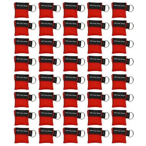 40pc CPR Mask Keychain Emergency Kit CPR Face Shields for First Aid AED Training Child and Adult CPR Breathing Barrier (Red)