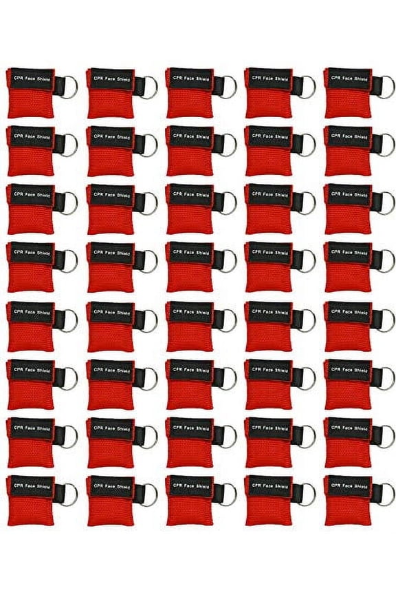 40pc CPR Mask Keychain Emergency Kit CPR Face Shields for First Aid AED Training Child and Adult CPR Breathing Barrier (Red)