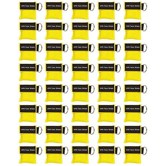 40pc CPR Mask Keychain Emergency Kit CPR Face Shields for First Aid AED Training Child and Adult CPR Breathing Barrier (Yellow)
