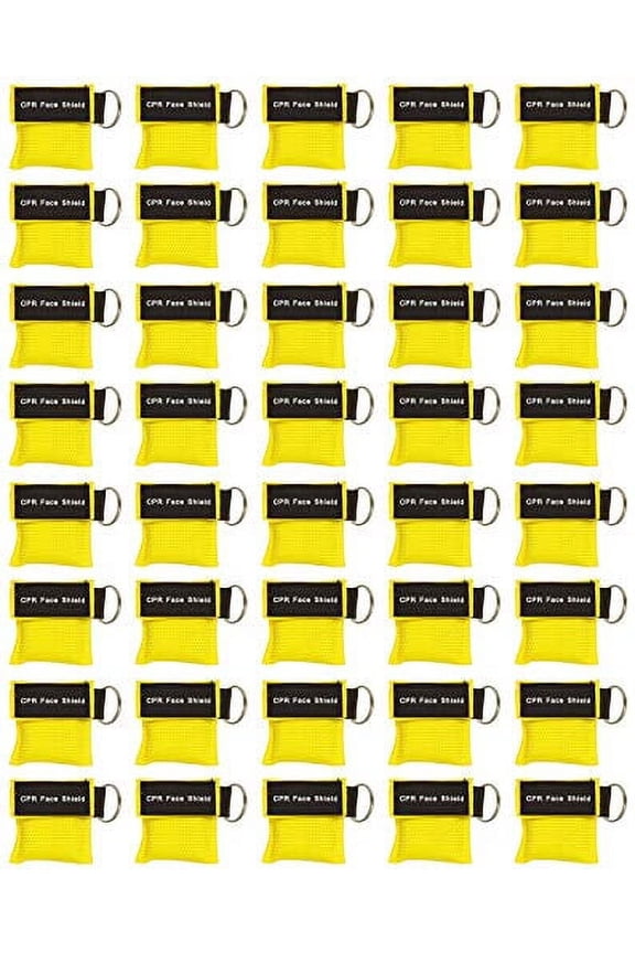 40pc CPR Mask Keychain Emergency Kit CPR Face Shields for First Aid AED Training Child and Adult CPR Breathing Barrier (Yellow)