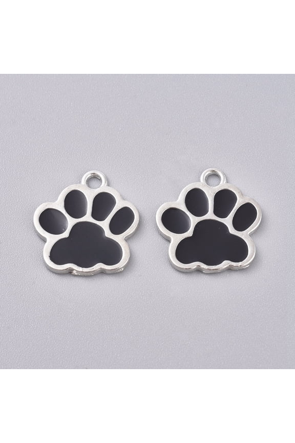 40pc Enamel Pendants with Platinum Plated Alloy Findings Bear Paw Prints Black 16x17x1mm Hole: 2mm