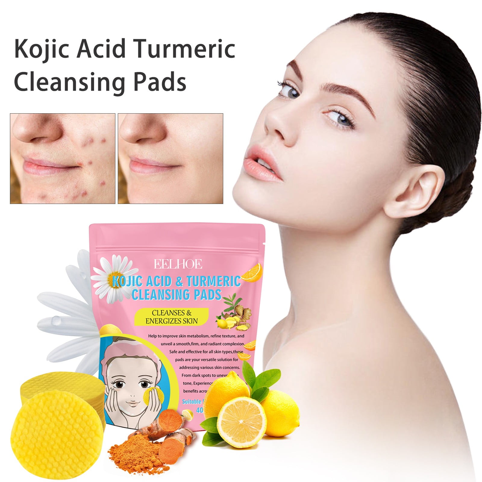 40pc Face Turmeric & Kojic Acid Pads, Turmeric Cleansing Pads for Dark ...