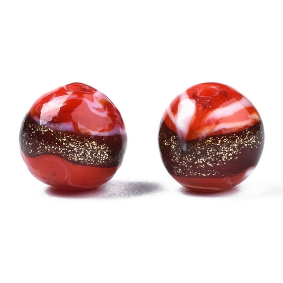 40pc Handmade Gold Sand Lampwork Beads Round Orange Red 9~10x8~10mm Hole: 1.6mm