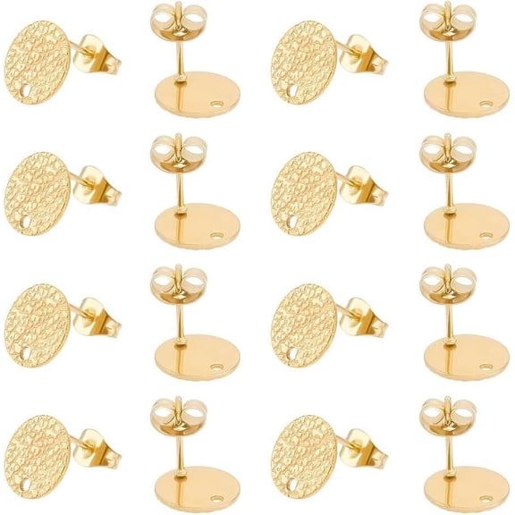 40pcs 0.8mm Pin Ion Plating 304 Stainless Steel Stud Earring Findings Golden Metal Textured Flat Round Sear Stud with Ear Nuts Post with Hole Earring Studs for Jewelry Making