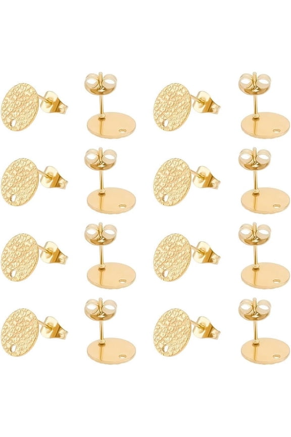 40pcs 0.8mm Pin Ion Plating 304 Stainless Steel Stud Earring Findings Golden Metal Textured Flat Round Sear Stud with Ear Nuts Post with Hole Earring Studs