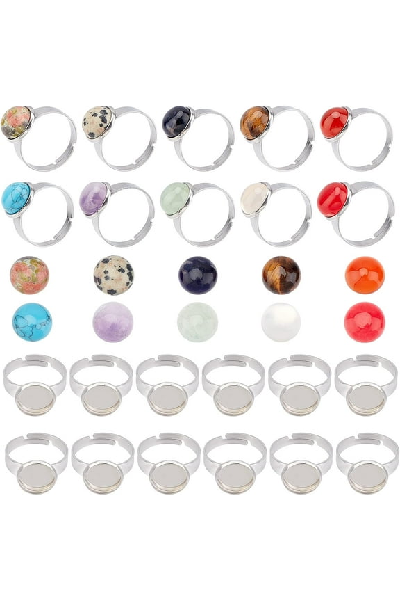 40pcs 10 Color Gemstone Cabochon Settings Adjustable Ring Blank with 10mm Gemstone Cabochons Ring Making Kit for DIY Jewelry Making Crafts Supplies