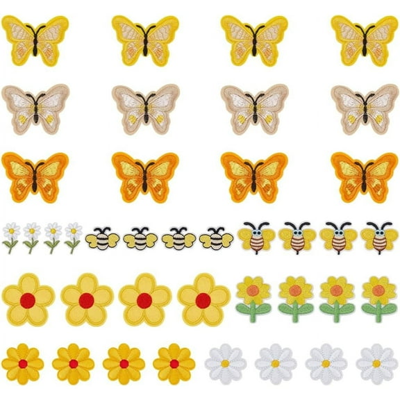 40pcs 10 Styles Iron On Patches Sew on Patches Set Daisy Sewing Applique Patches Flower Bee Butterfly Fabric Patch Embroidered Appliques for Backpack Hoodies Shoes Bags Jeans Repair for diy