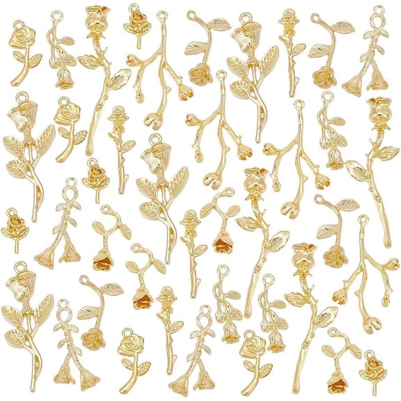 40pcs 10 Styles Rose Charms Golden Rose Branch Charms Flower Charm Pendants Jewelry Making Pendant