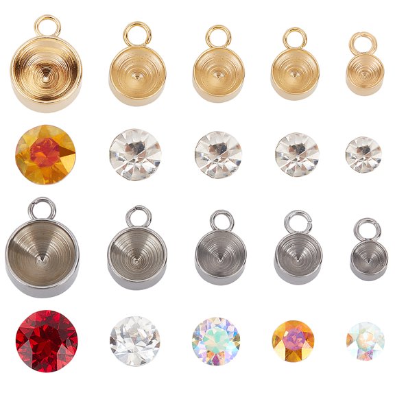 40pcs 2 Colors 7-11mm Long Flat Round Charm Rhinestone Settings and Back Plated Diamond Glass Pointed Rhinestone Handmade Charm Beads Pendants DIY