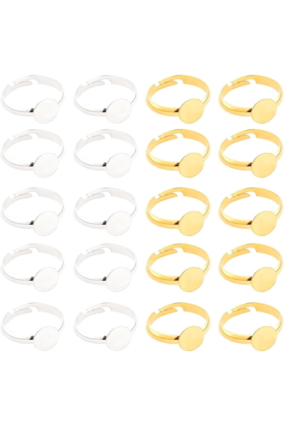 40pcs 2 Colors Adjustable Flat Ring Base Blank Metal Round Finger Ring Trays Ring Blanks with 8mm Flat Base Rings Cabochon Base Bezel for Ring Blanks Making Kit DIY