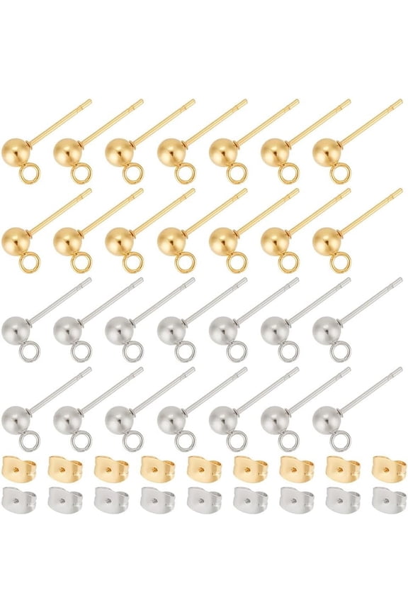 40pcs 2 Colors Ball Post Earrings Stainless Iron Ball Stud Earring Post Ear Stud with Loop and Ear Nuts Golden & Stainless Steel Color Earrings for DIY DIY Jewellery Making