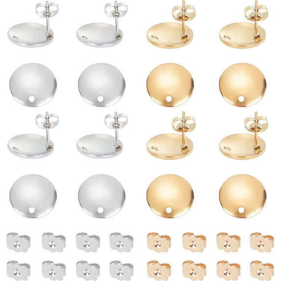40pcs 2 Colors Flat Round Earrings Stainless Steel Stud Earring Findings Ear Studs with Butterfly Back for DIY Earrings Jewelry Making 1.5mm Hole