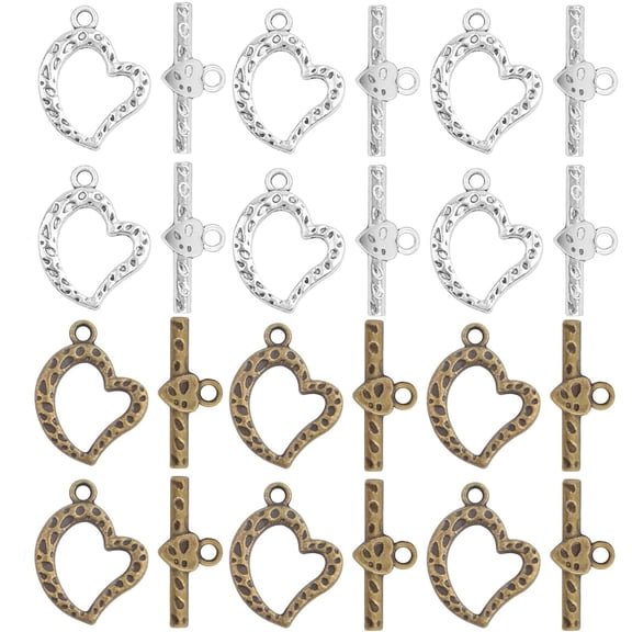40pcs 2 ColorsHeart Toggle Clasps Bracelet Closure, Ring Tibetan Style Fastener Hook Toggle Connectors T-Bar End for DIY Necklace Jewelry Craft Making