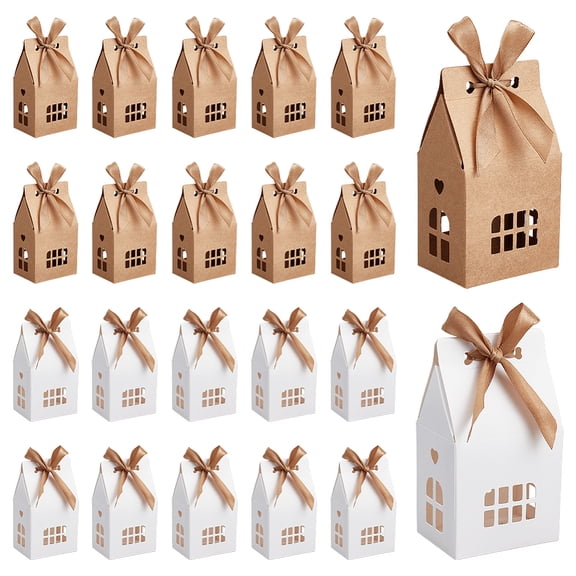 40pcs 2 Colors House Shaped Gift Boxes Kraft Paper Boxes with Ribbons Cardboard Treat Box White Gift Packaging Box
