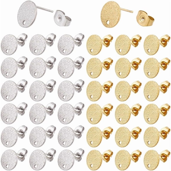 40pcs 2 Colors Stainless Steel Stud Earring Findings Textured Blank Earrings Studs Flat Round Ear Studs 10mm Earring Post with Loop for DIY Earrings Craft Making Hole: 1.4mm for DIY