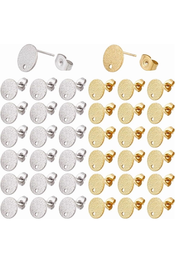 40pcs 2 Colors Stainless Steel Stud Earring Findings Textured Blank Earrings Studs Flat Round Ear Studs 10mm Earring Post with Loop