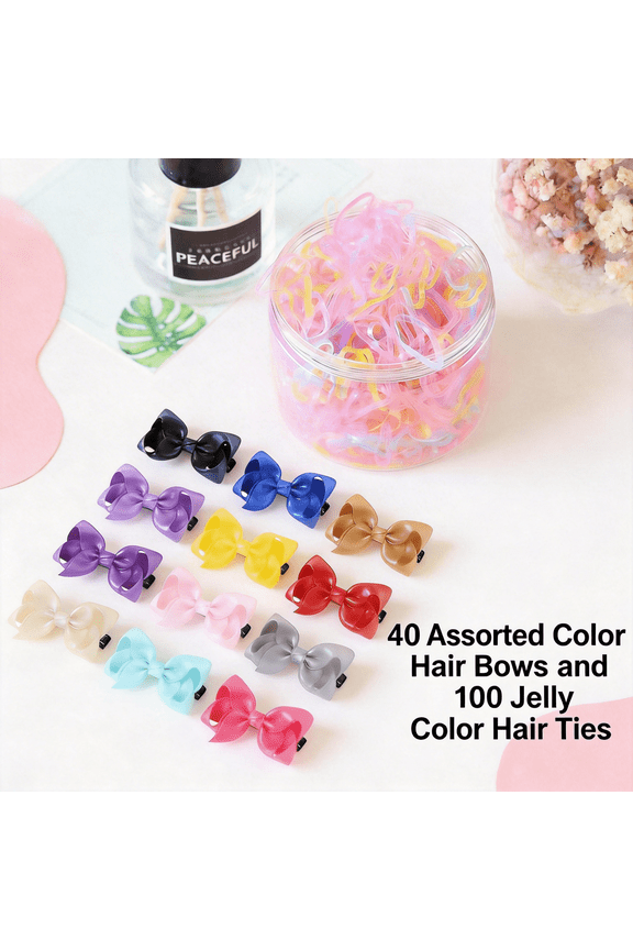 140 Pcs Girls Hair Accessories Set, 40 Grosgrain Bow Clips and 100 Jelly Hair Ties
