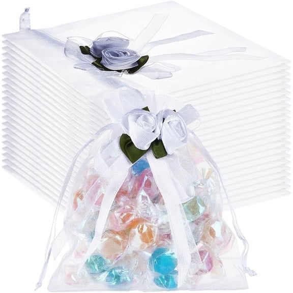 40pcs 3D Flower Organza Drawstring Bags Candy Storage Bags Rectangle White 12x10x0.01cm